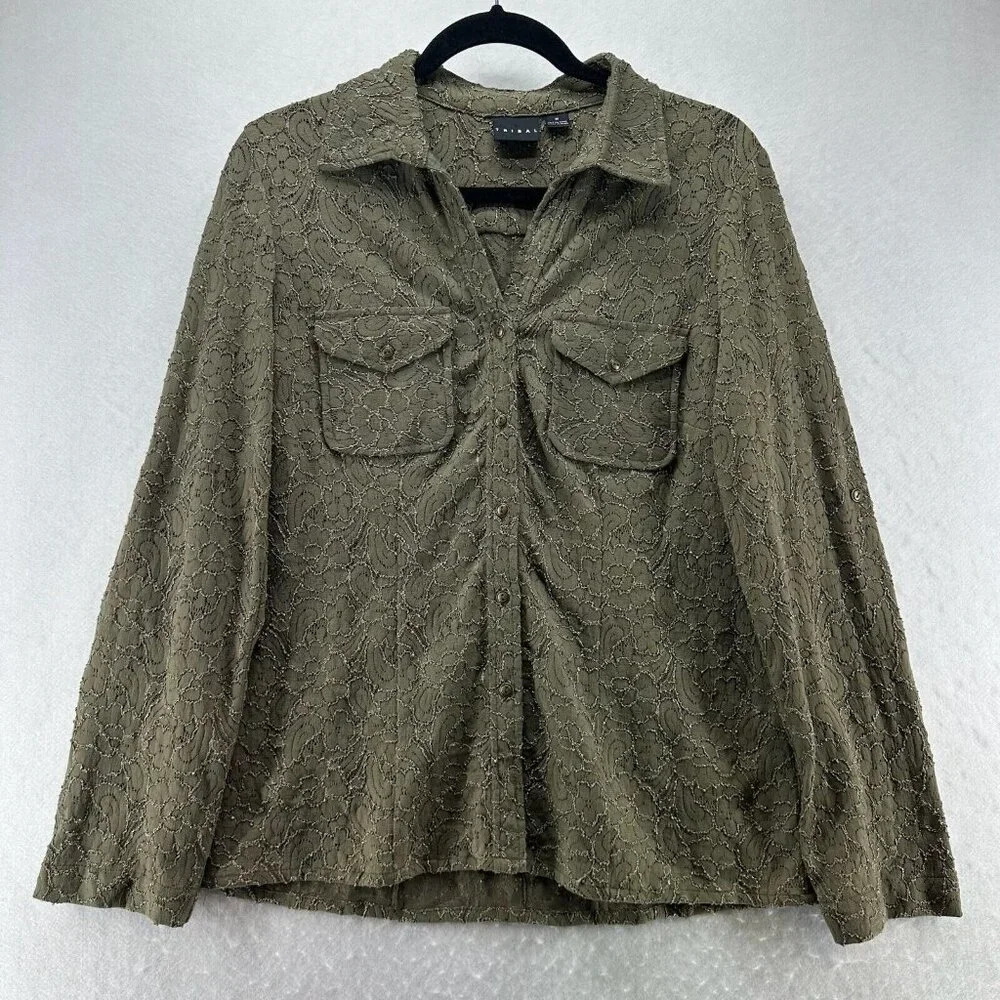Tribal Top Womens Size M Floral Jacquard Shirt Button Front Long Sleeve Green